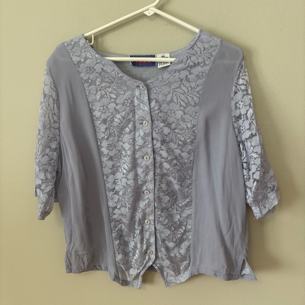 Vintage Lace and Crepe Button Down Blouse